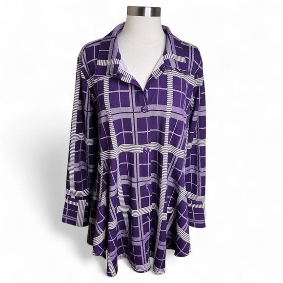 Attitudes by Renee Swing Tunic Top Womens L Purple Plaid Knit Stretch Pockets - Picture 1 of 12